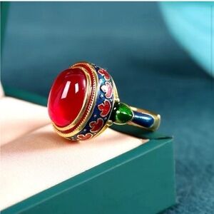 Anthropologie Red and Gold Enamel Cabochon ornate vintage style statement ring